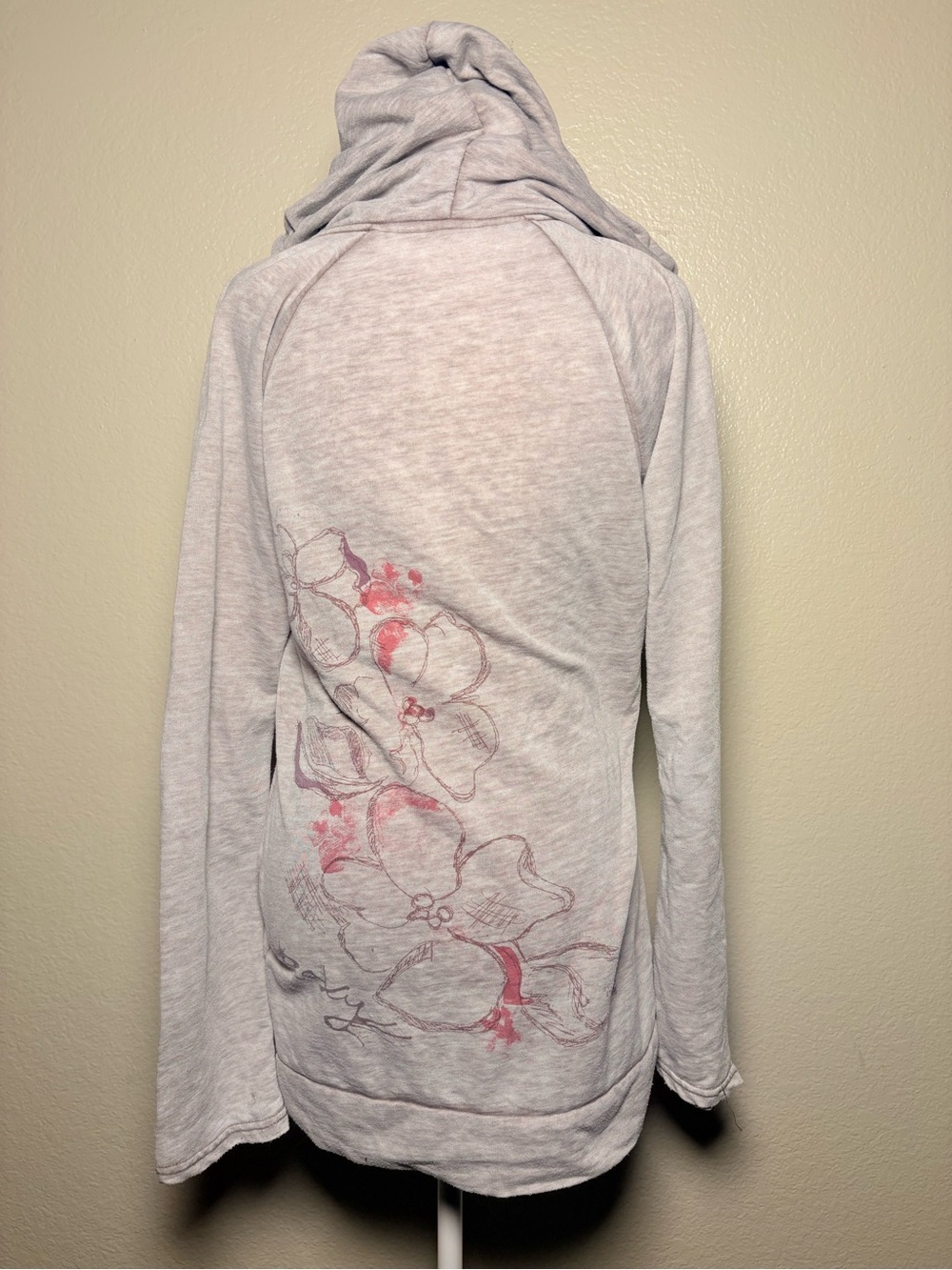 Y2K Roxy Womens Grey V-Neck Hoodie Floral Back Graphic Pullover Large #10